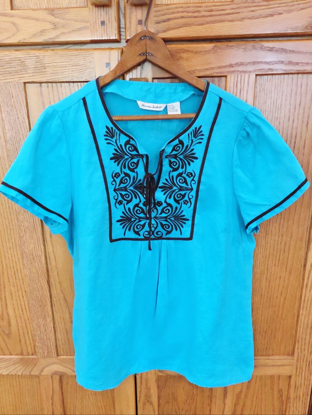 Alexandra Bartlett 100% Linen Embroidered Top XL Teal Brown Boho